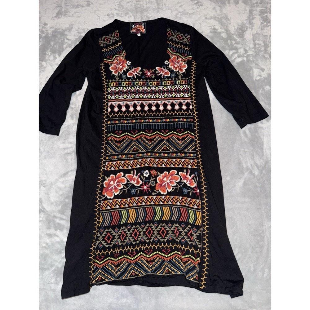 Johnny Was Cotton Embroidered Dress Black Size Small‎ Bohemian Chic Midi Resort